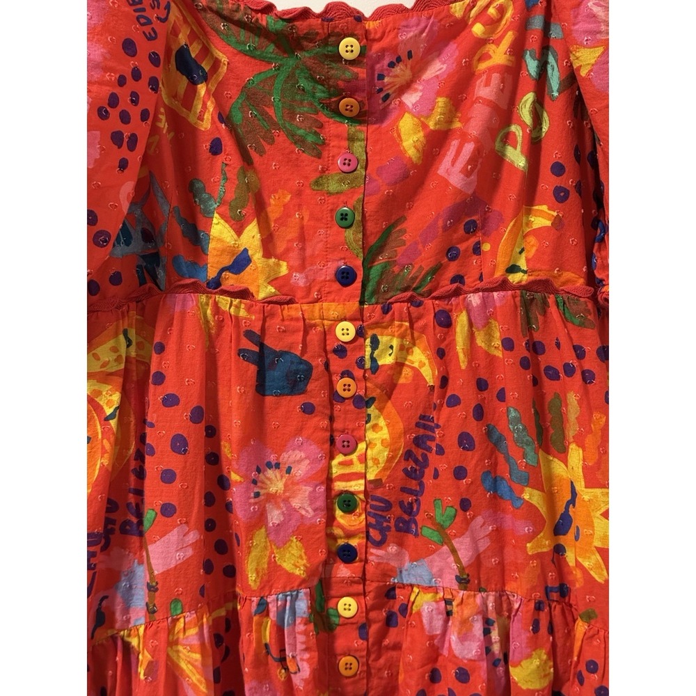 Farm Rio Good Vibes Cotton Midi Dress Puff Sleeve Smocked Tropical Resort Boho L - Picture 7 of 15